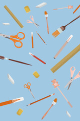 Various tools for drawing or sketching. Hand drawn Big vector set. Pencil, eraser, pen, marker, ruler, scissors, ink, etc. Colored trendy illustration. All elements are isolated.