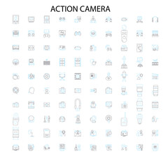 action camera icons, signs, outline symbols, concept linear illustration line collection