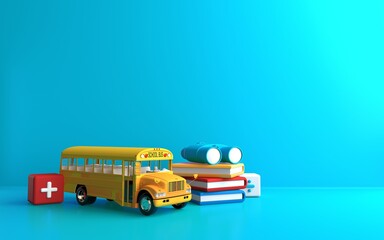 3D rendering illustration of orange school bus and colored background