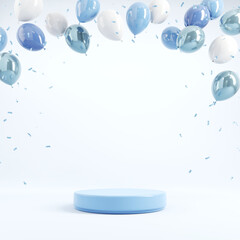 Podium with pastel balloons and confetti on blue background. 3d rendering, Birthday party, Father’s Day, New year background, Copy space.