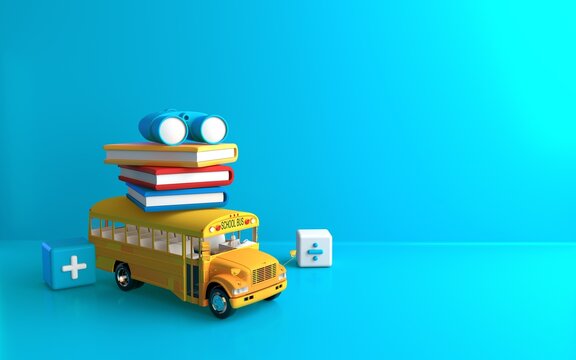 3D rendering illustration of orange school bus and colored background