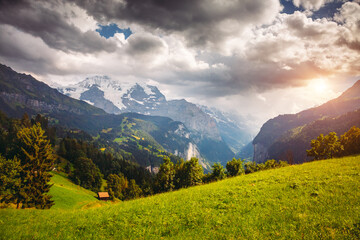 Picturesque surroundings near the alpine resort Wengen. Swiss alp, Switzerland, Europe.