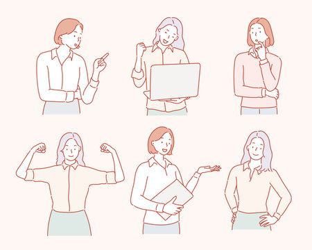 Business Woman Illustration In Different Emotions And Poses. Hand Drawn Style Vector Design Illustrations. 