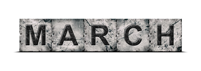 March, word on an alphabet on stone blocks, isolated on white background. Month of the year concept.