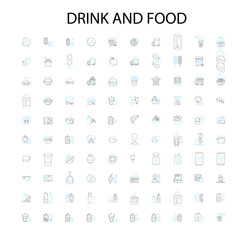 drink and food icons, signs, outline symbols, concept linear illustration line collection