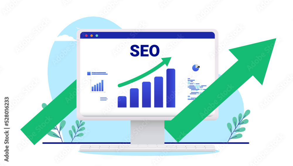Leinwandbilder SEO optimisation - Vector illustration of computer with search engine optimisation graph showing better results and growth. Flat design vector illustration with white background