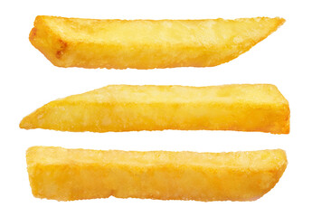 Set of delicious potato fries sticks close-up, isolated on white background