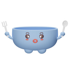 illustration of a bowl with spoon with cute face transparent background 3d