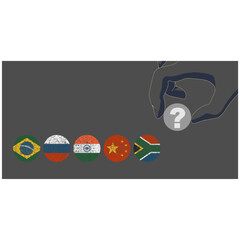 BRICS union members national flags with unknown one new member. Brazil, Russia, India, China and South Africa flags icons. Trade union.