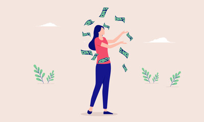 Woman with money - Female person making money, standing in casual clothes throwing paper bills in air. Flat design vector illustration
