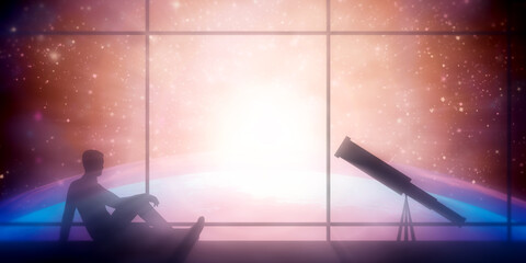 Man with telescope silhouette against night sky filled with stars. Panoramic window