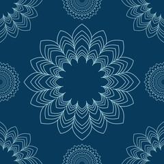 Seamless vector pattern with baby blue simple mandala line art floral design. isolated on a darkblue background. Perfect for printing on fabric or paper.