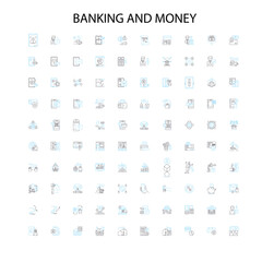 banking and money icons, signs, outline symbols, concept linear illustration line collection