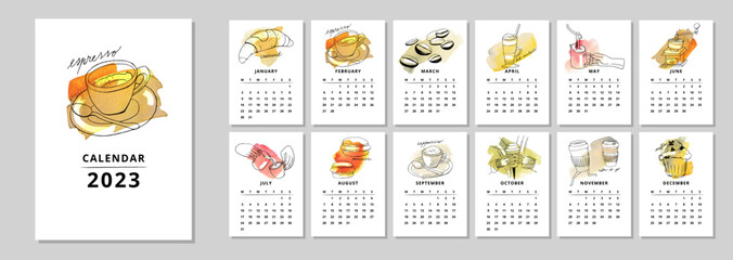 Calendar 2023 with hand drawn coffee elements illustrations. Can be used for printable creative template and also like application for mobile phone, tablet, computer.