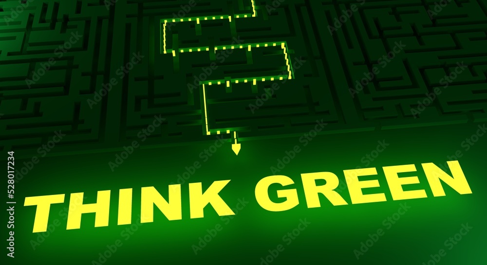 Poster neon shine pathway across rectangle labyrinth to think green text. concept of ecology. 3d render