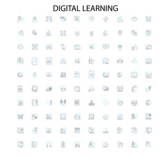 digital learning icons, signs, outline symbols, concept linear illustration line collection