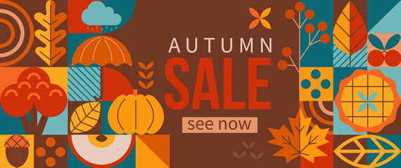 Autumn sale 2022 horizontal banner with pumpkin,pie,maple leaf in geometric simple style for seasonal shopping promotion,web.Template for discount cards,flyers, posters, ad,presentation, print.Vector.