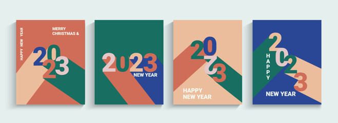 Fototapeta na wymiar 2023 New year, set greeting banners,flyers.Numbers with long different colors shadows.Collection posters,cards in simple geometric style.Design templates for cover,social media,leaflet,header. Vector.