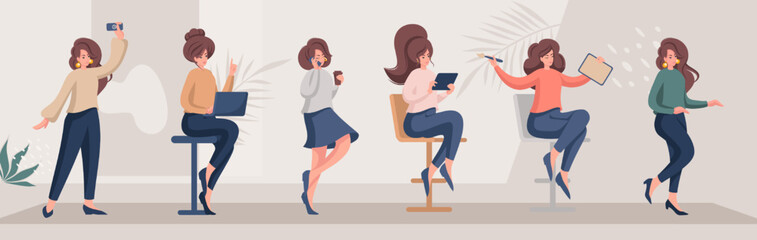 Set of girls with different emotions and movements. Change body parts and create new 2D characters for illustrations and animation