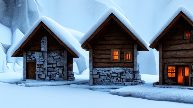 House in the forest in winter. Wooden small house under the snow, winter landscape, snowy firs, wooden house light in the window, snowy mountains, gorges. Beautiful fairytale winter atmosphere. 3D
