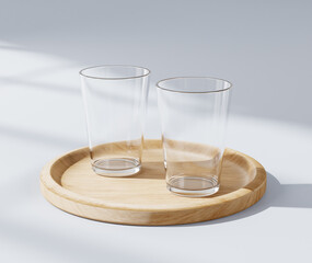 Empty glass cup, transparent bottle, 3d render, 3d rendering