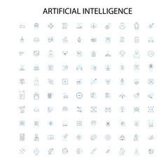 artificial intelligence and future robot technology icons, signs, outline symbols, concept linear illustration line collection