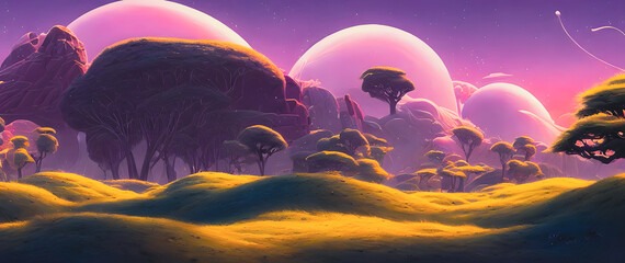 Artistic concept of painting a beautiful landscape of savannah in Africa, with meadows in the background. Tender and dreamy design, background illustration