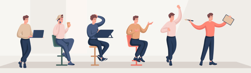 Set of men with different emotions and movements. Change body parts and create new 2D characters for illustrations and animation