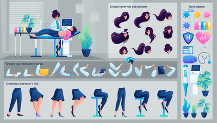 Stylized Character, Female Gynecologist is receiving a patient. Set for Animation. Use Separate Body Parts to Create An Animated Character. Set of Emotions, Hairstyles, Hands and Feet