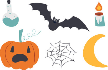halloween doodle set, icons for halloween, isolated