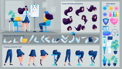 Stylized Character, Female ophthalmologist is receiving a patient. Set for Animation. Use Separate Body Parts to Create An Animated Character. Set of Emotions, Hairstyles, Hands and Feet