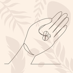 hand with pills drawing by one continuous line, on abstract background vector