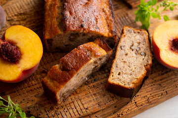 Vegan cake with peach and banana. Traditional recipe.