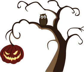 Halloween horrible pumpkin hanging on a gnarled tree branch, owl, eagle owl, PNG.