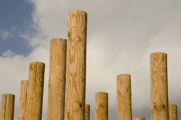 Las Palmas de Gran Canaria, March 1, 2021: Sculpture formed by wooden posts. Gran Canaria. Canary Islands. Spain.