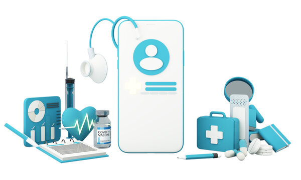 phone screen with patient id, heart disease and heart rate treatments and pills, plaster, first aid box and vaccine bottles and syringes. on blue and red color in concept online health check 3d render