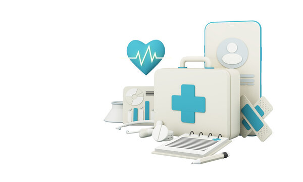 phone screen with patient id, heart disease and heart rate treatments and pills, plaster, first aid box and vaccine bottles and syringes. on blue and red color in concept online health check 3d render