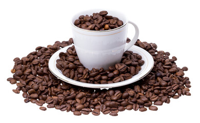 Coffee cup filled with coffee beans isolated PNG cut out on transparent background
