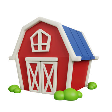 Red barn wooden building, storage room for grain, stock and hay warehousing isolated. Farm and agriculture icon set. Cute cartoon style 3d render illustration.