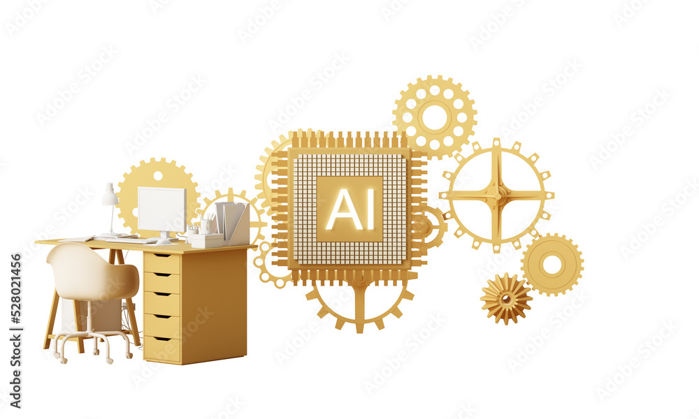 Poster yellow work desk with laptop computer in the future that works with artificial intelligence and mode
