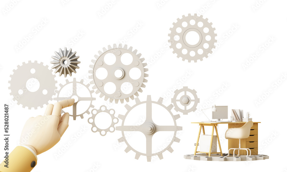 Poster yellow work desk with laptop computer in the future that works with artificial intelligence and mode