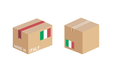 box with Italy flag icon set, cardboard delivery package made in Italy