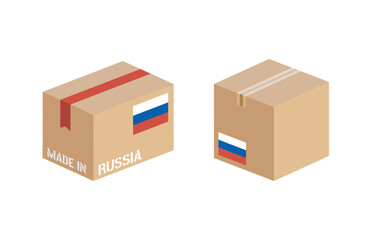 box with Russia flag icon set, cardboard delivery package made in Russian Federation