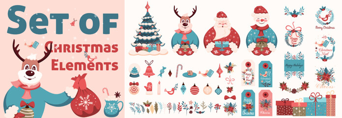 Big Set of Christmas Elements. Christmas Characters, festive elements, Card decoration kits decorated with festive elements and fir branches
