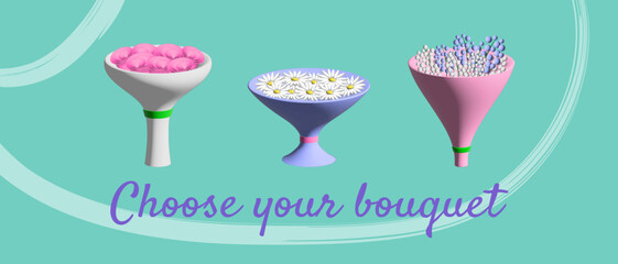 3 bouquets with different flowers: roses, chamomile, gypsophila. 3D realistic vector graphics. For holidays, wedding, st valentine day or any event.