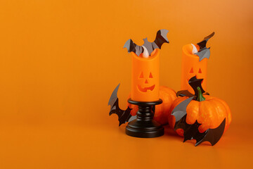 halloween sale, orange pumpkins, candle and bats, Halloween card