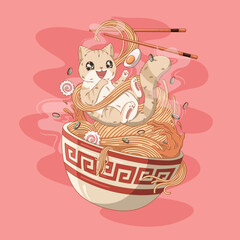 cute cat ramen noodles japanese illustration