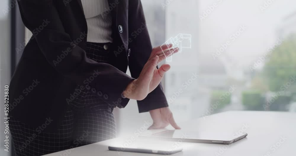Poster Hologram, architect and futuristic smartphone technology and engineer woman with VR, 3D metaverse of ERP architecture design model. Information technology business manager and future ai or scifi app