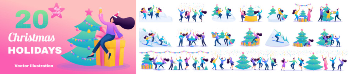 Set Flat Concepts of merry christmas holidays. Illustrations of Christmas holidays, people having fun and dancing. For Vector Illustrations