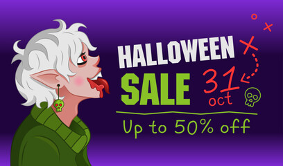 Halloween sale advertising vector banner. Evil little vampire shows his tongue and smiles. Vector illustration for halloween holiday